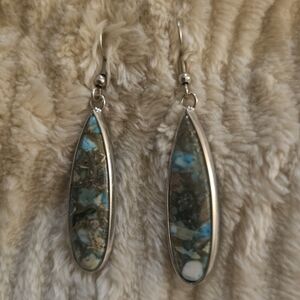 Turquoise Inlay Teardrop Dangle Earrings - Blue Green Stone